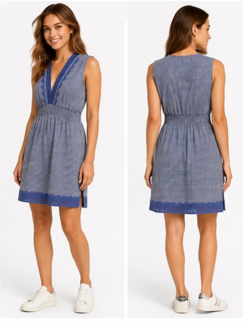 Sleeveless Blue Gingham V-Neck Dress